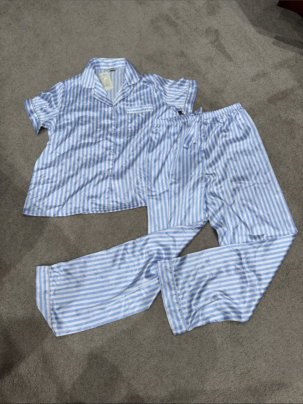 Blue & White Striped Pajama Set - Short Sleeve Top & Drawstring Pants